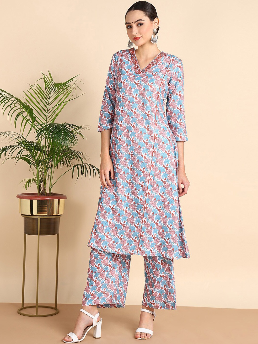 

HERE&NOW Floral Printed Regular Kurta With Palazzos, White