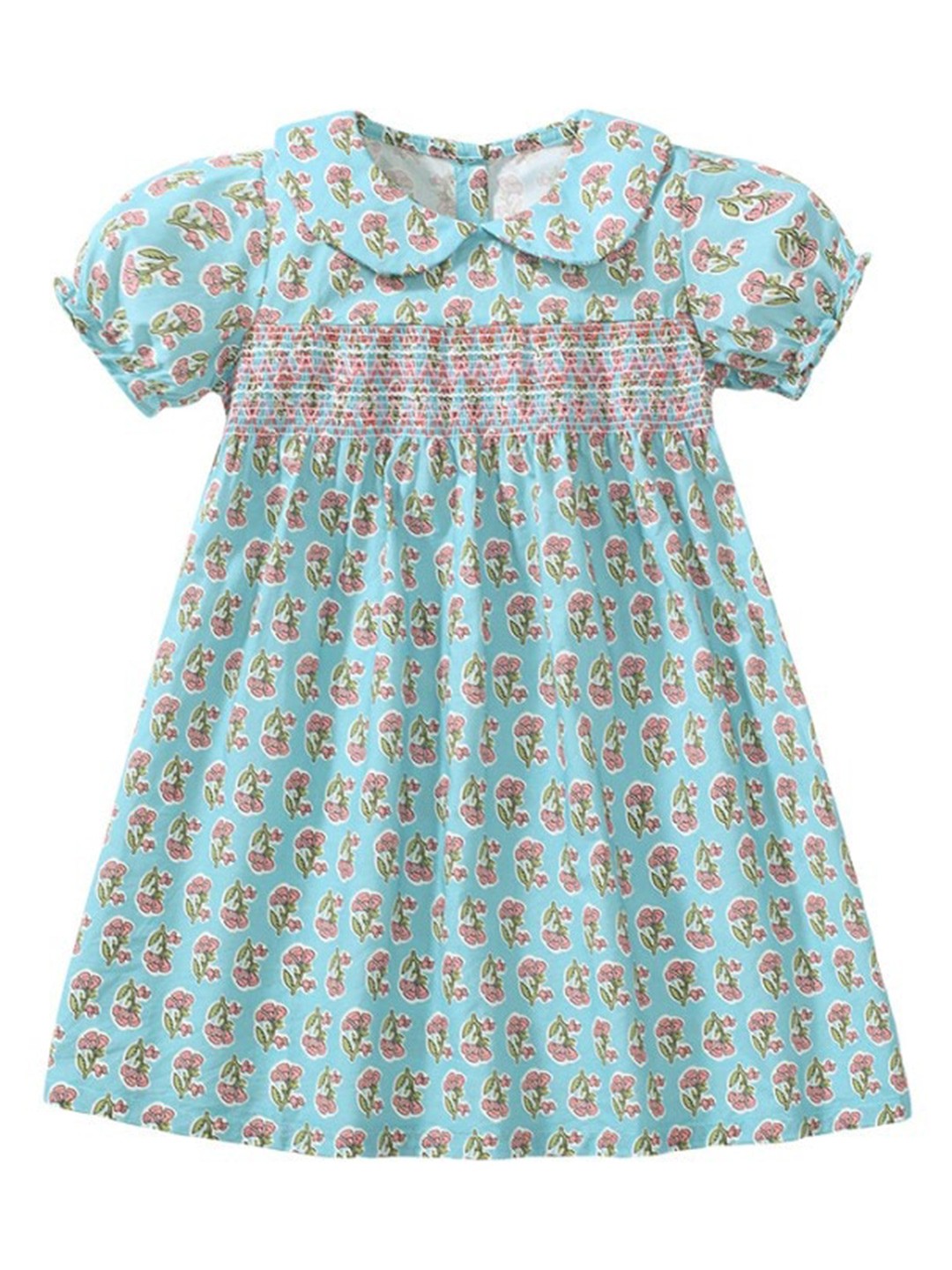 StyleCast x Revolte Girls Blue & Pik Floral Printed Puff Sleeve A-Line Cotton Midi Dress