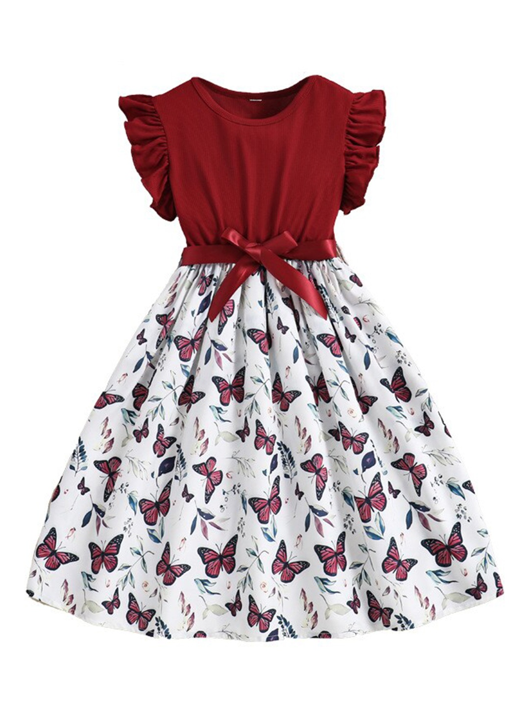 

StyleCast x Revolte Girls Conversational Printed Flutter Sleeves Fit & Flare Maxi Dress, Maroon