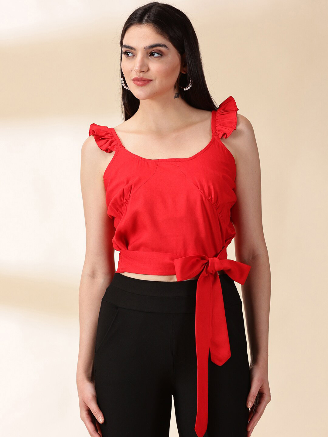 

DIVINATION Shoulder Straps Sleeveless Casual Crop Top, Red