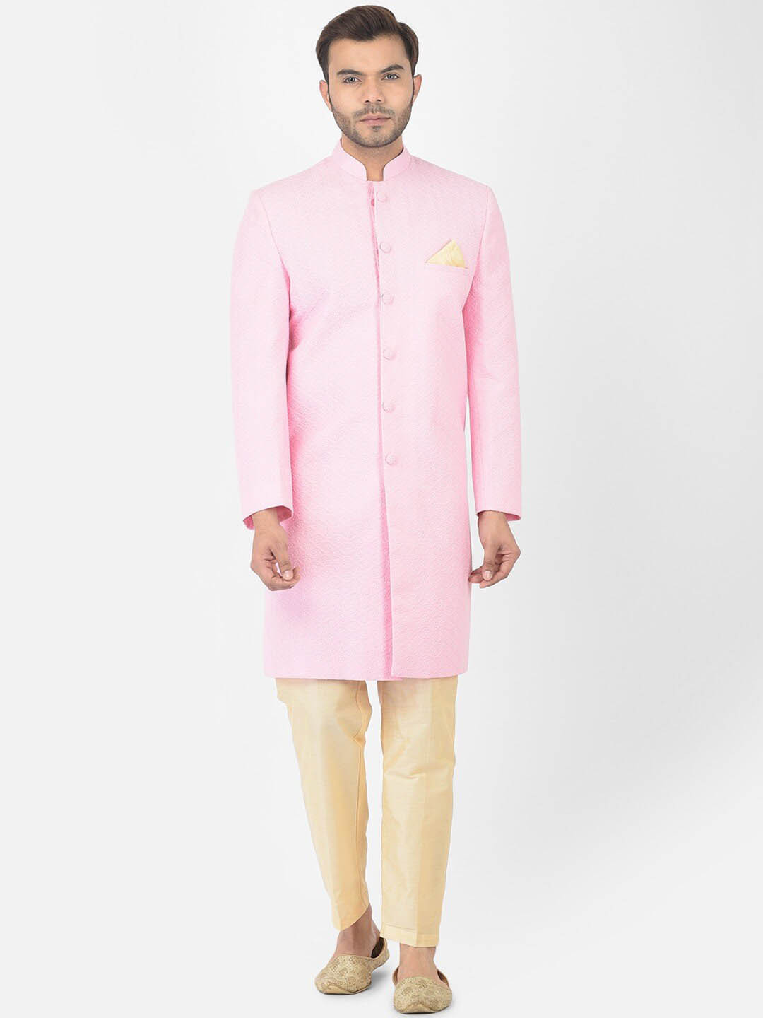

DEYANN Embroidered Pure Cotton Chikankari Sherwani With Trousers, Pink