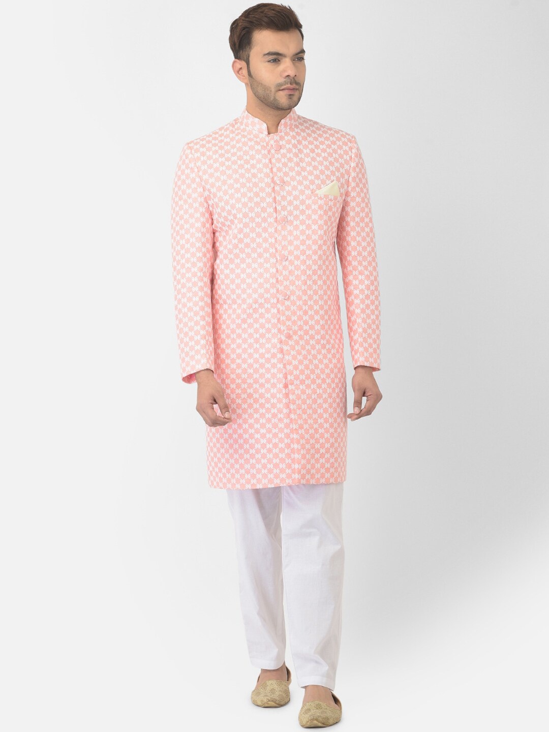 

DEYANN Embroidered Pure Cotton Chikankari Sherwani With Trouser, Peach