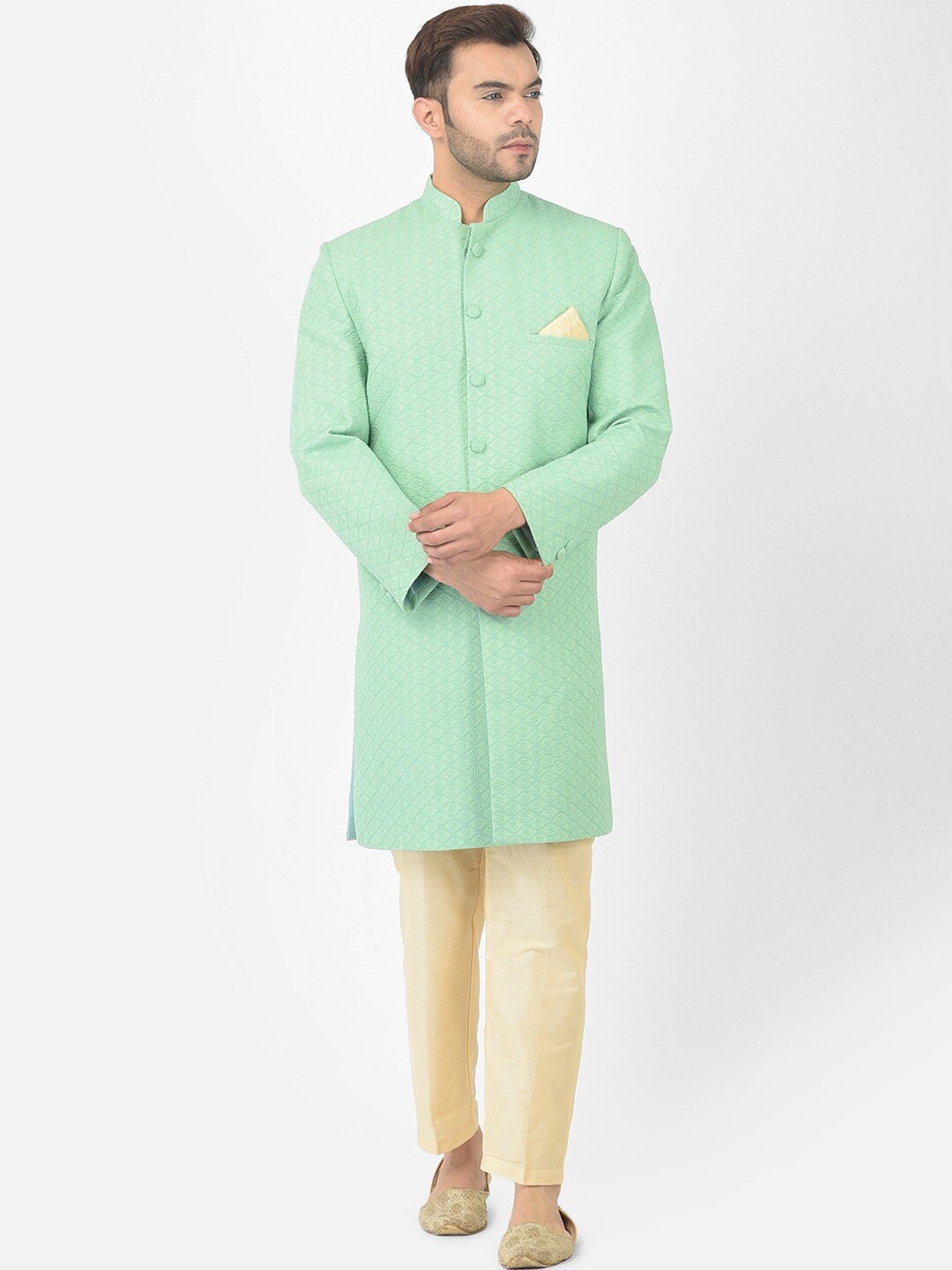 

DEYANN Embroidered Pure Cotton Chikankari Sherwani With Trousers, Green