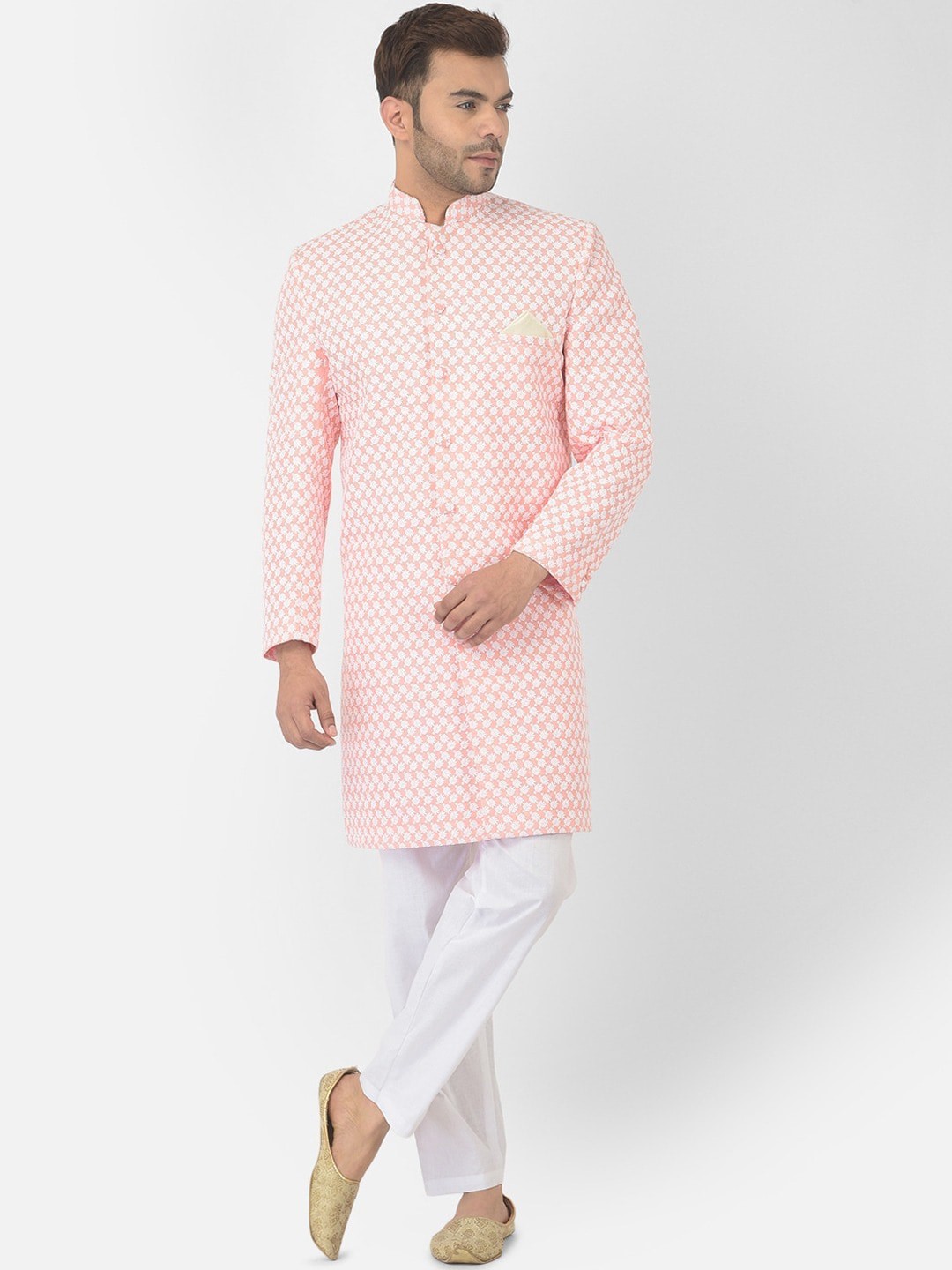 

DEYANN Ethnic Motifs Embroidered Pure Cotton Sherwani Set, Peach