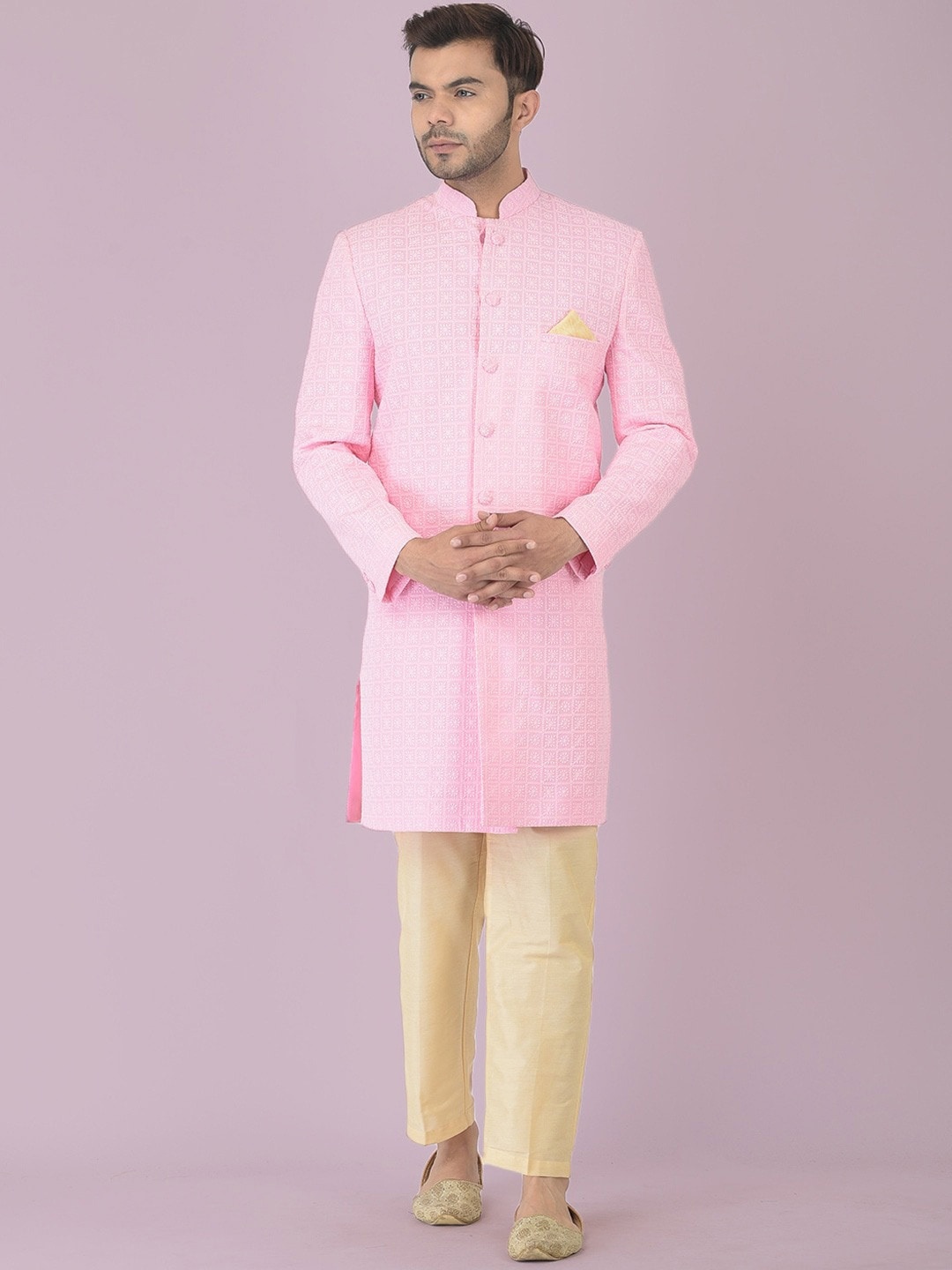

DEYANN Embroidered Pure Cotton Chikankari Sherwani With Trouser, Pink