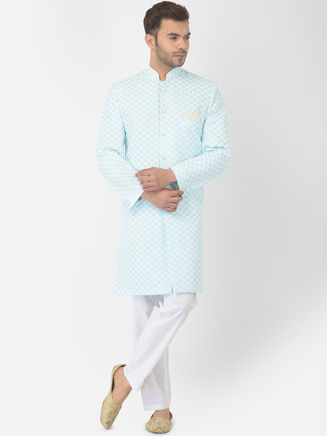 

DEYANN Ethnic Motifs Embroidered Pure Cotton Sherwani Set, Blue