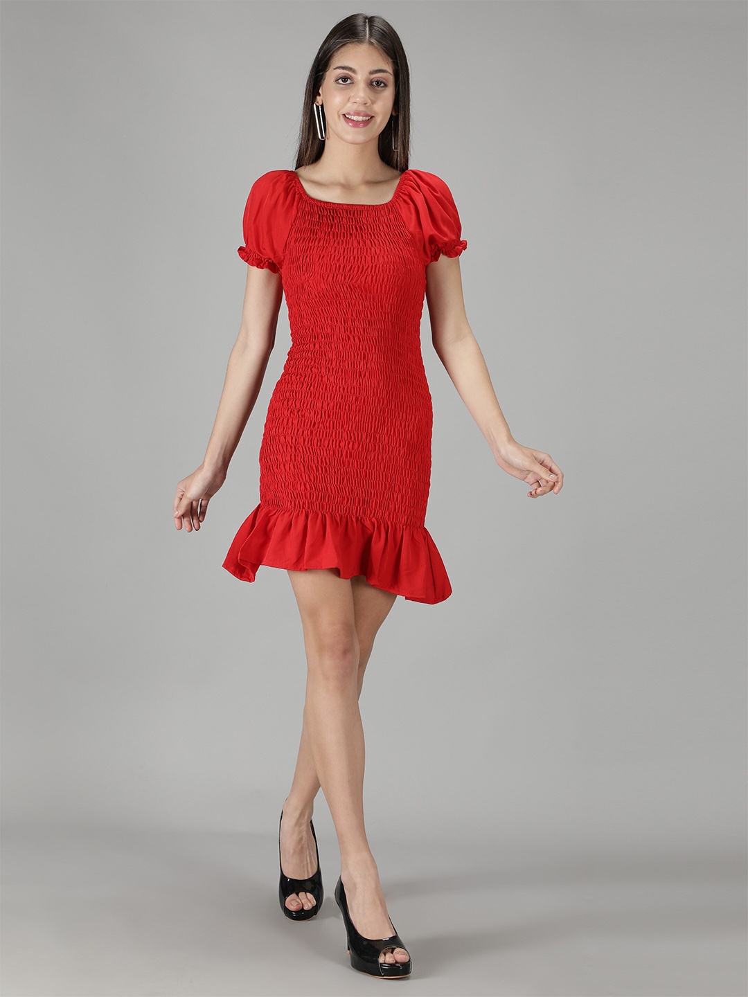 smisingbee Smocked Puff Sleeve Sheath Dress, Red