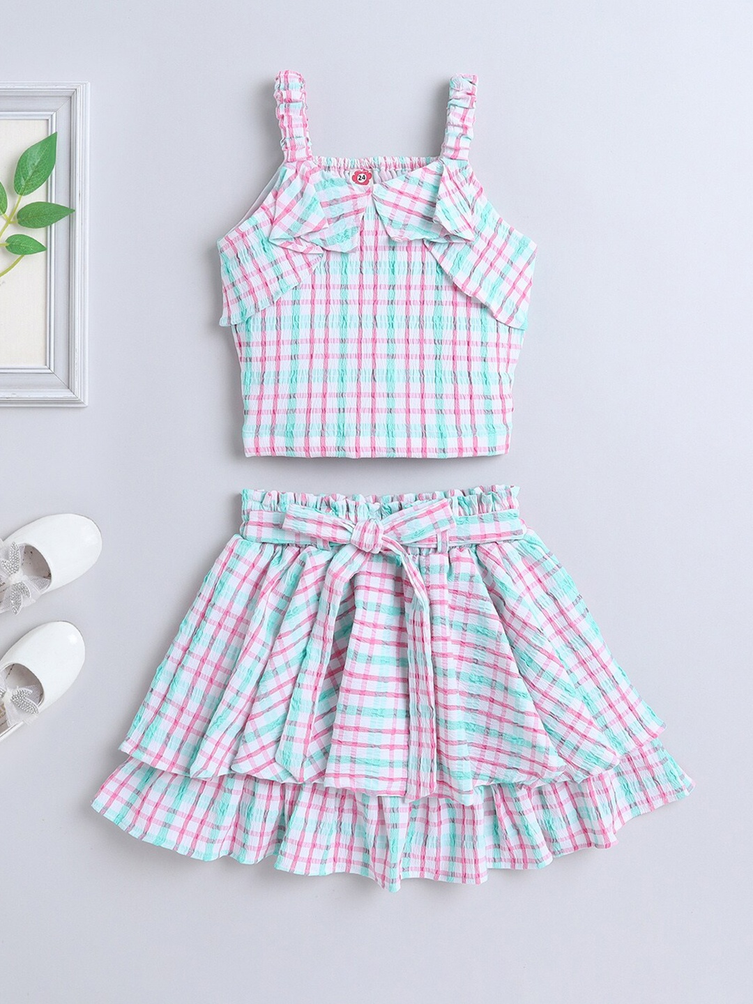 

The Magic Wand Girls Checked Shoulder Straps Top with Skirt, Green