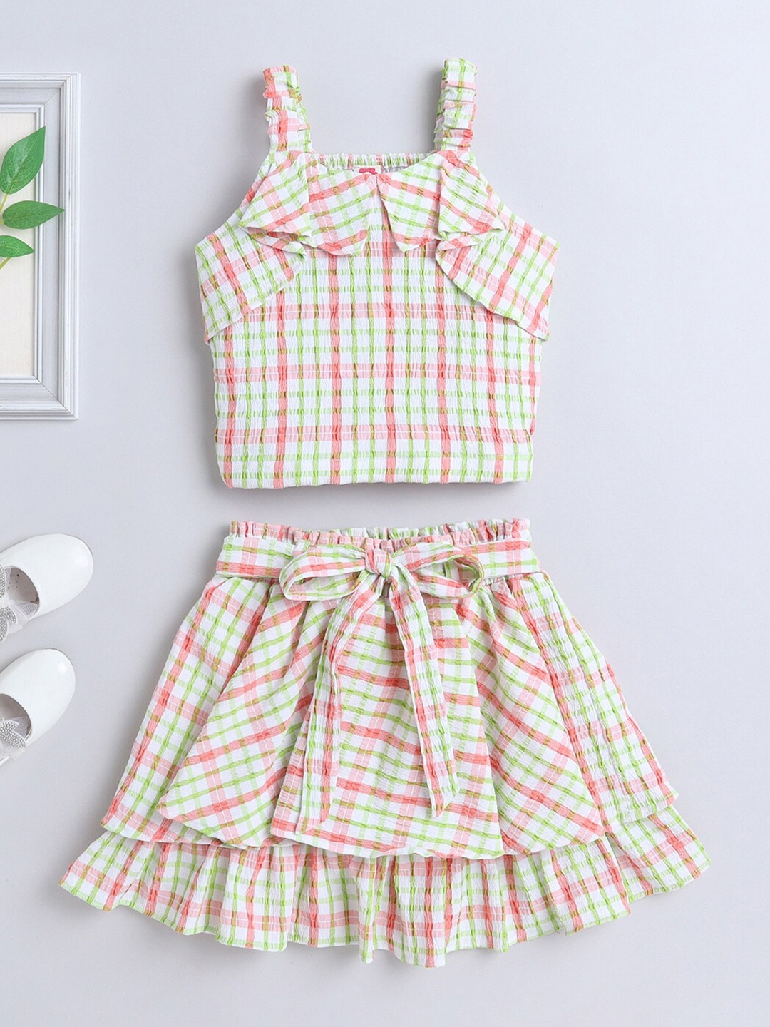 The Magic Wand Girls Checked Shoulder Straps Top with Skirt, Peach