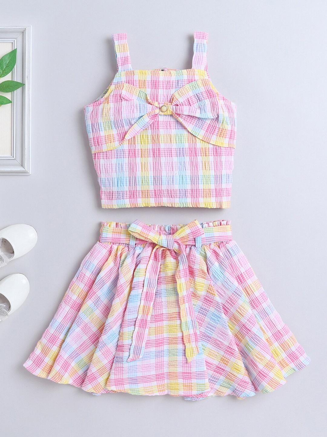 

The Magic Wand Girls Checked Shoulder Straps Top with Skirt, Pink