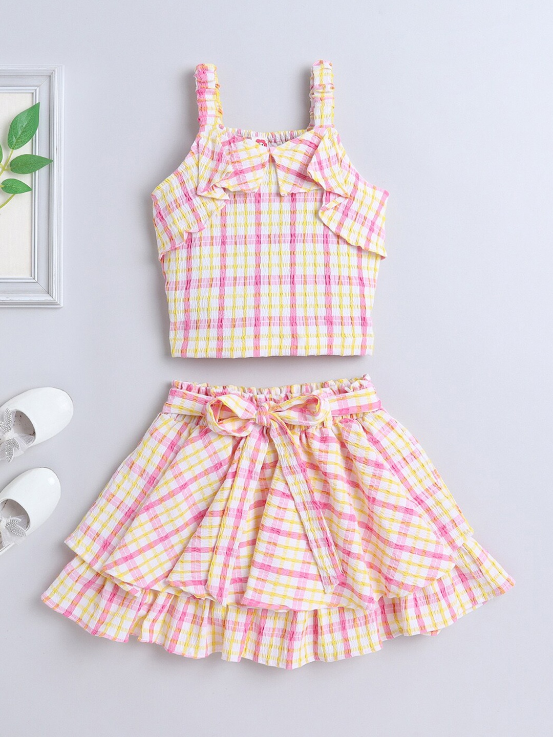 

The Magic Wand Girls Checked Shoulder Straps Top with Skirt, Pink