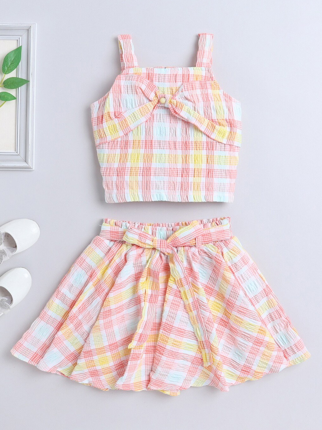 

The Magic Wand Girls Checked Shoulder Straps Top with Skirt, Peach
