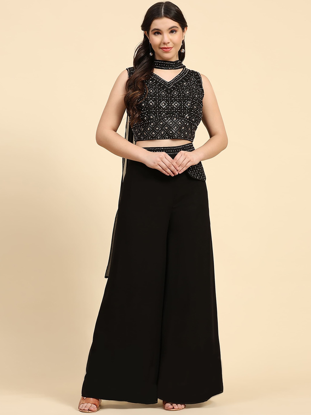 

AMOHA TRENDZ Embellished Crop Top & Palazzo wit Dupatta Co-Ord Set, Black
