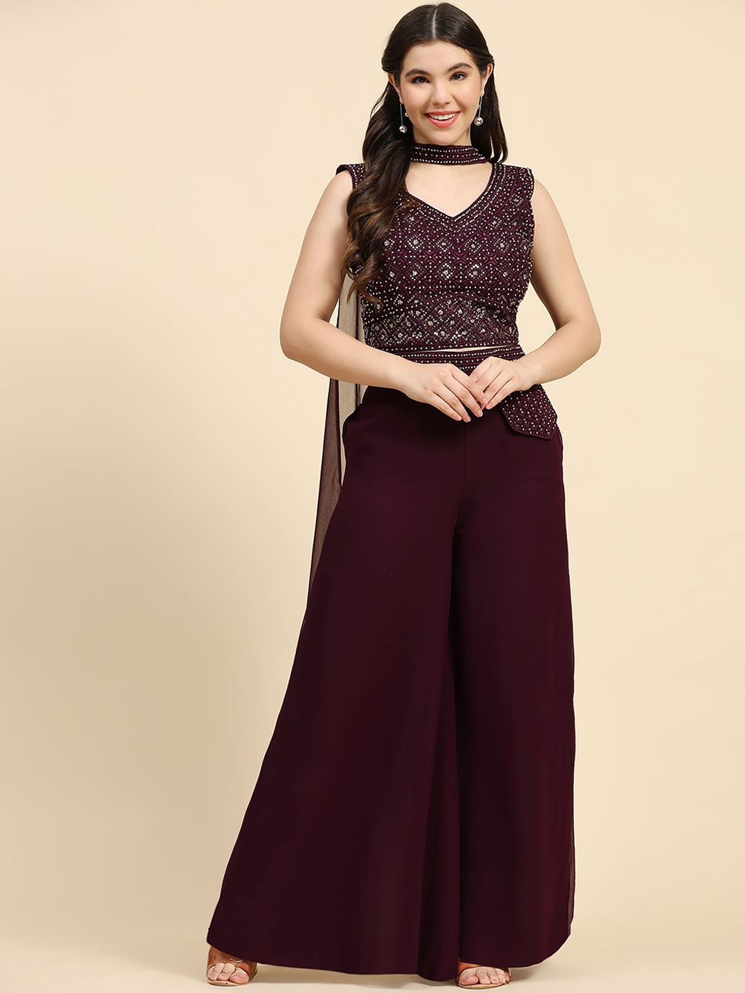 

AMOHA TRENDZ Embroidered Crop Top & Palazzo with Dupatta Co-Ord Set, Purple