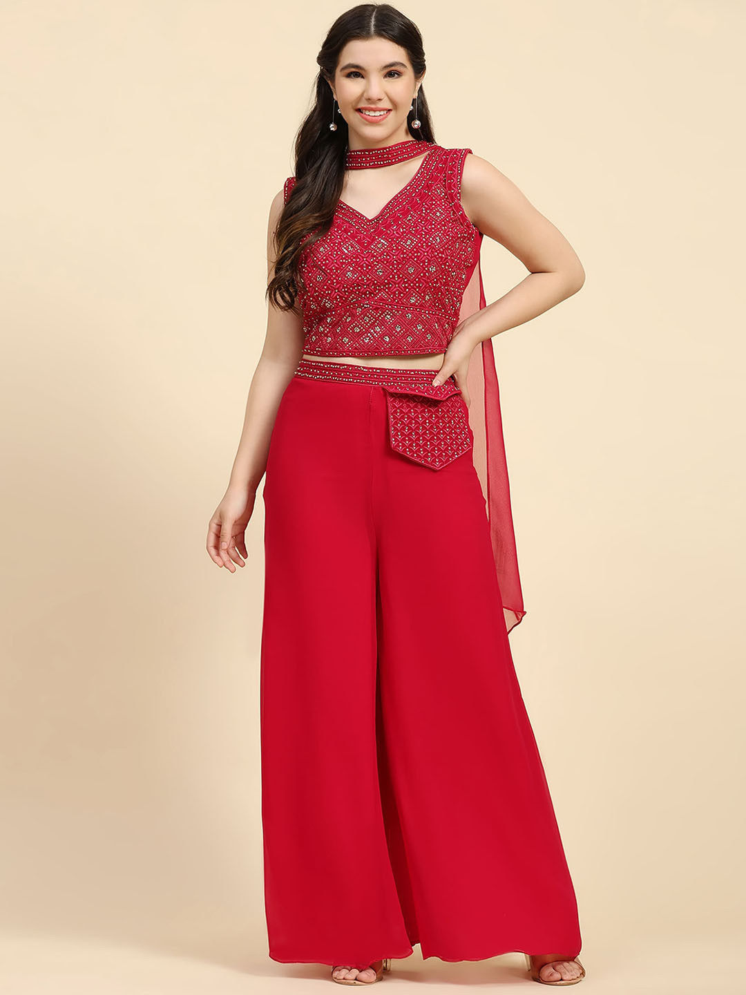 

AMOHA TRENDZ Embroidered Crop Top & Palazzo with Dupatta Co-Ord Set, Fuchsia