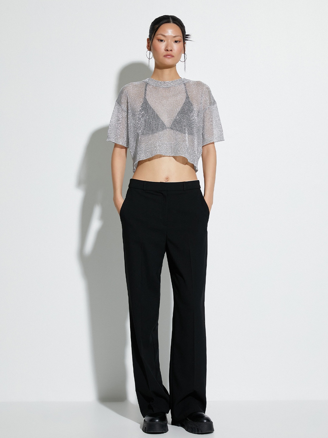

Koton Round Neck Drop Shoulder Cotton Crop Top, Silver
