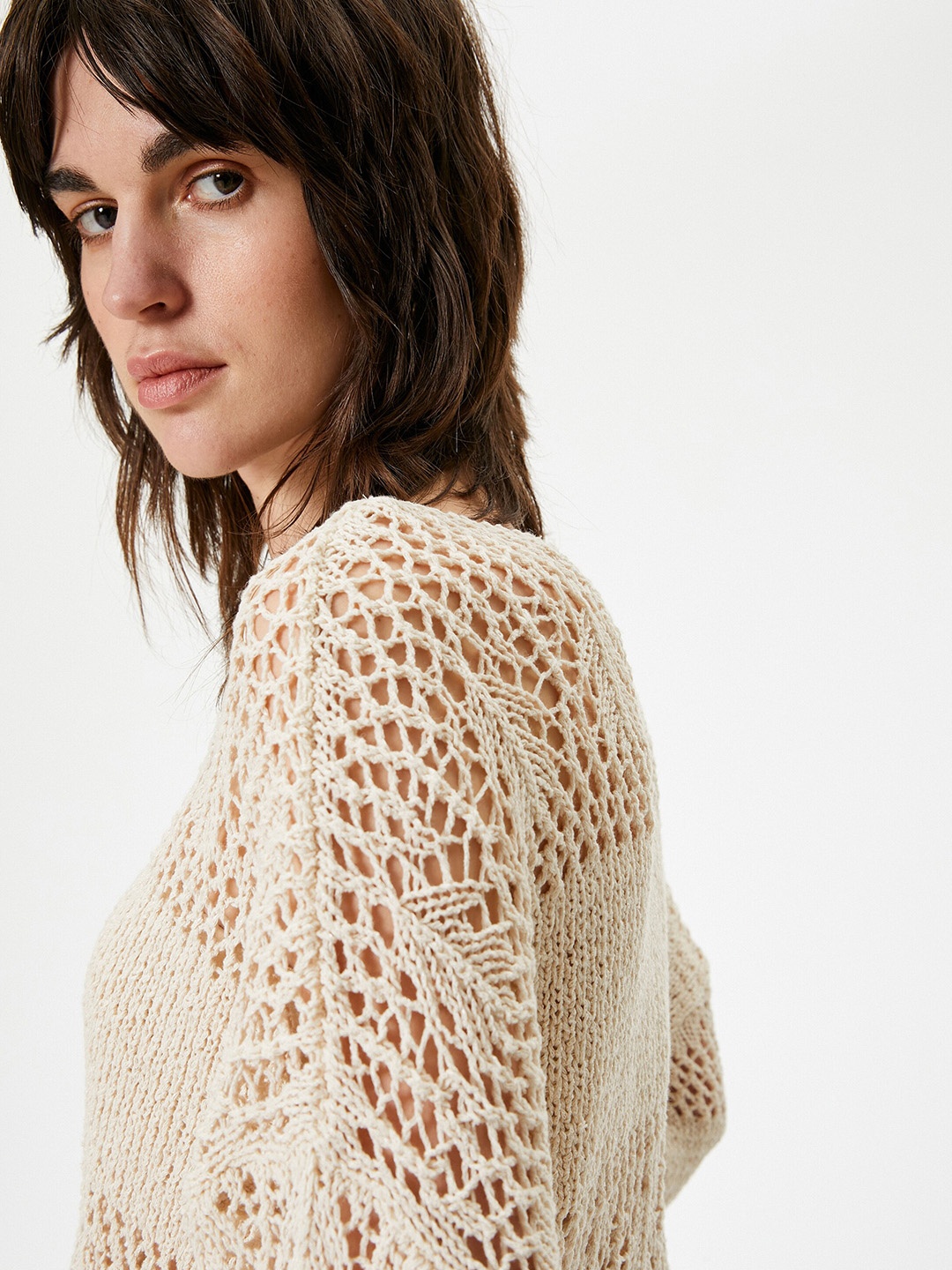 

Koton Round Neck Long Sleeves Cotton Crochet Top, Beige