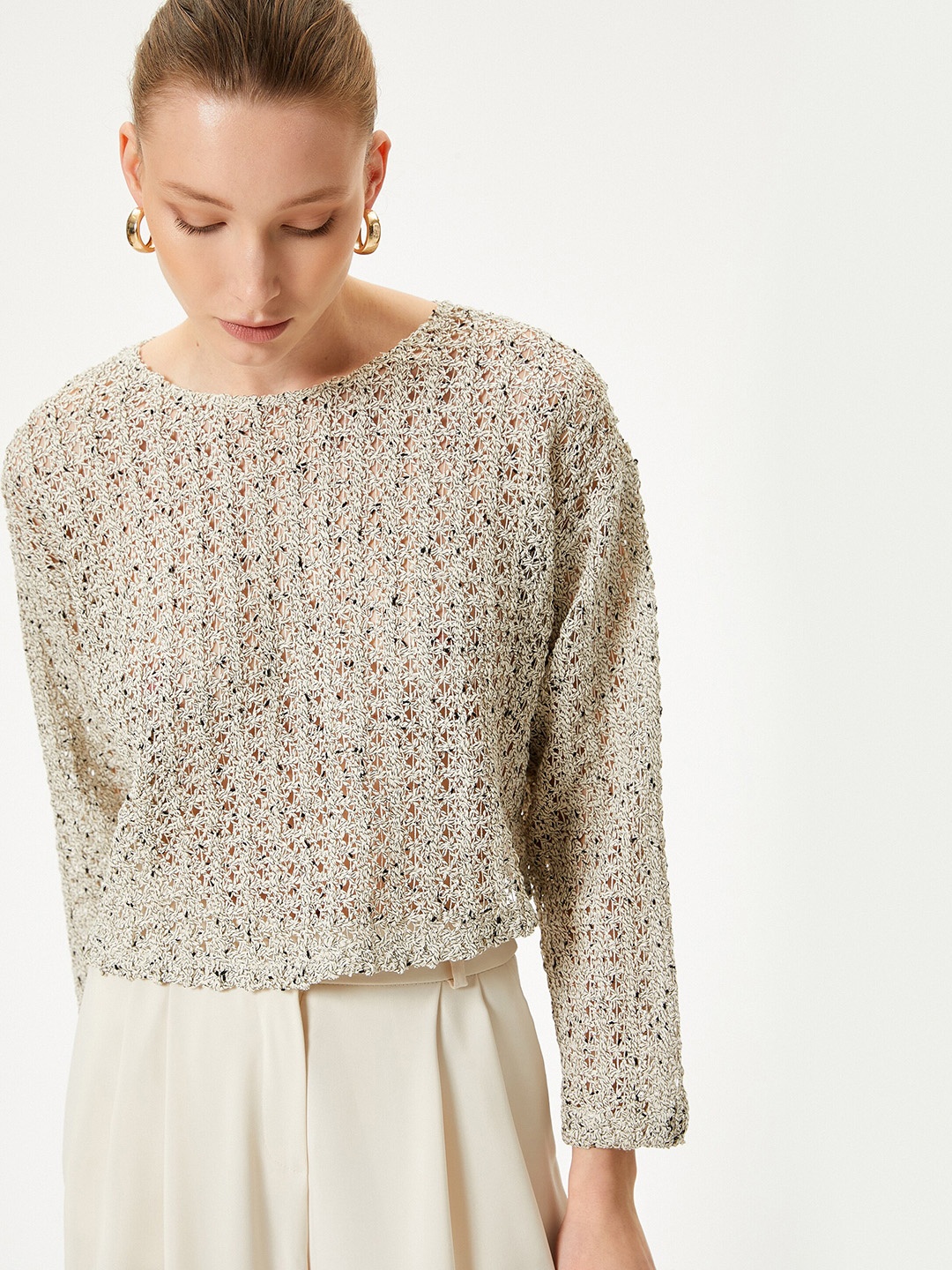 

Koton Round Neck Long Sleeves Regular Cotton Top, Beige