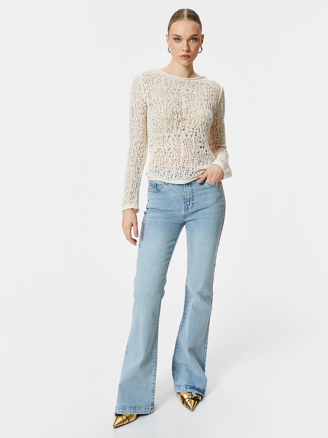 

Koton Boat Neck Long Sleeves Cotton Top, Beige