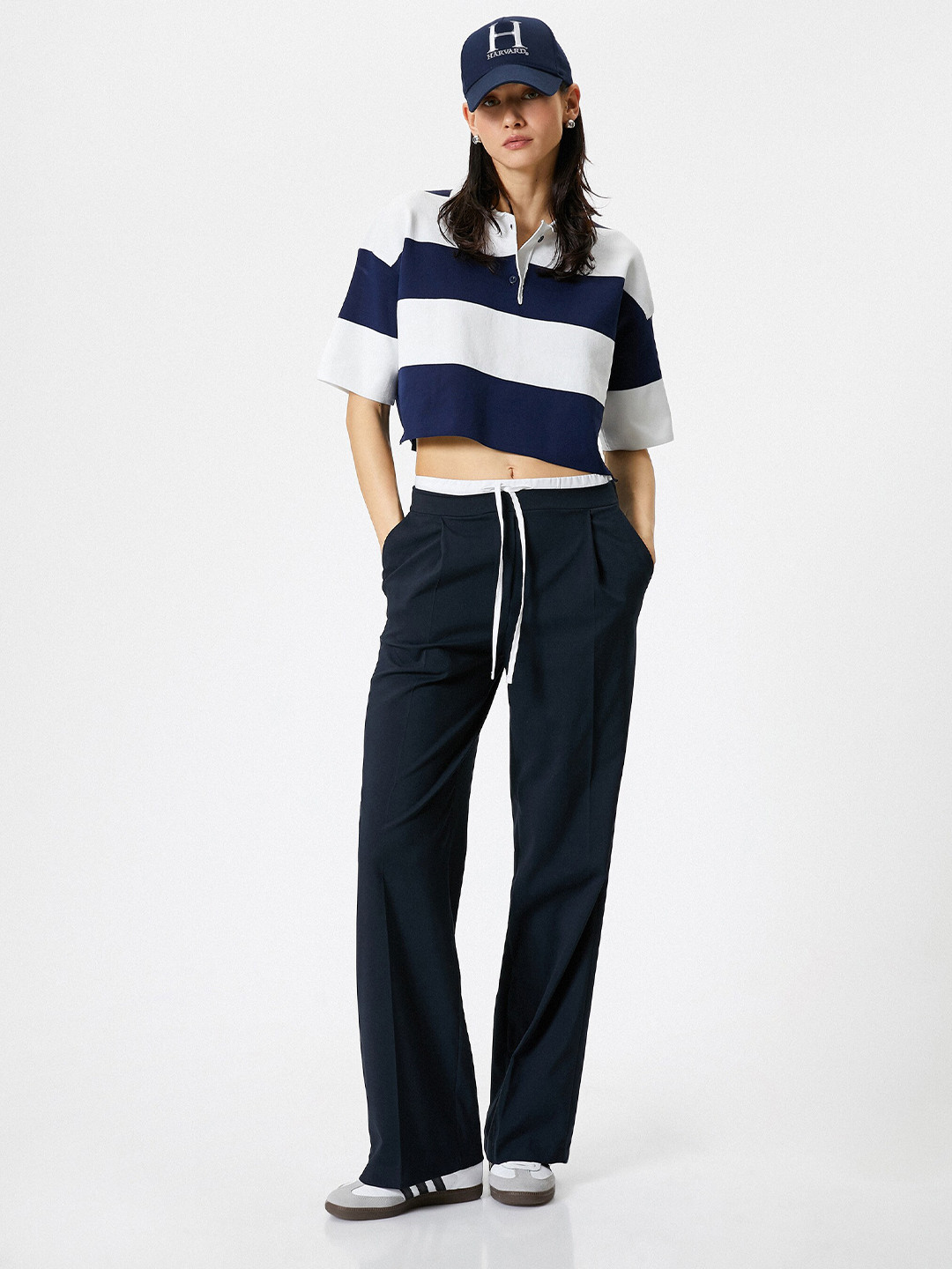

Koton Polo Collar Short Sleeves Striped Crop Top, Navy blue