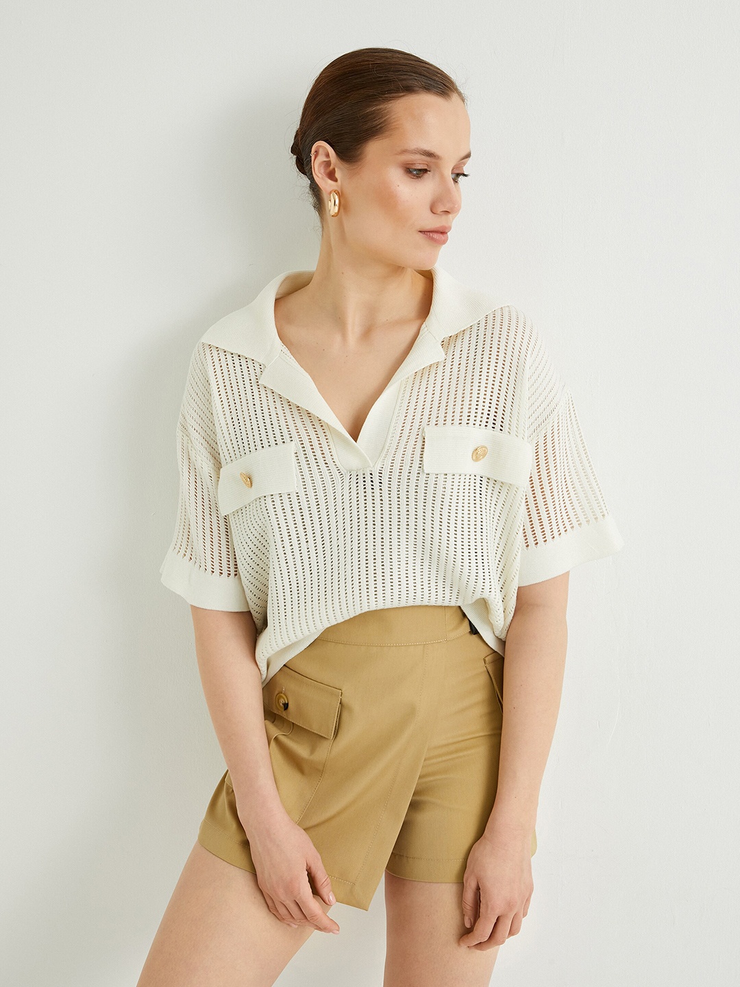 

Koton Shirt Collar Drop Shoulder Sleeves Acrylic Top, Beige