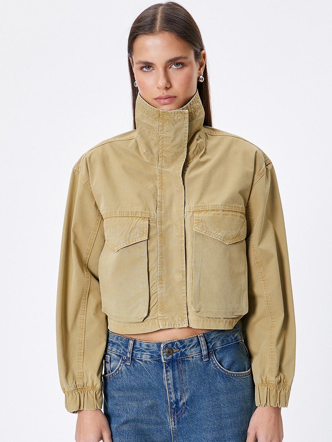 

Koton Mock Collar Crop Pure Cotton Tailored Jacket, Khaki