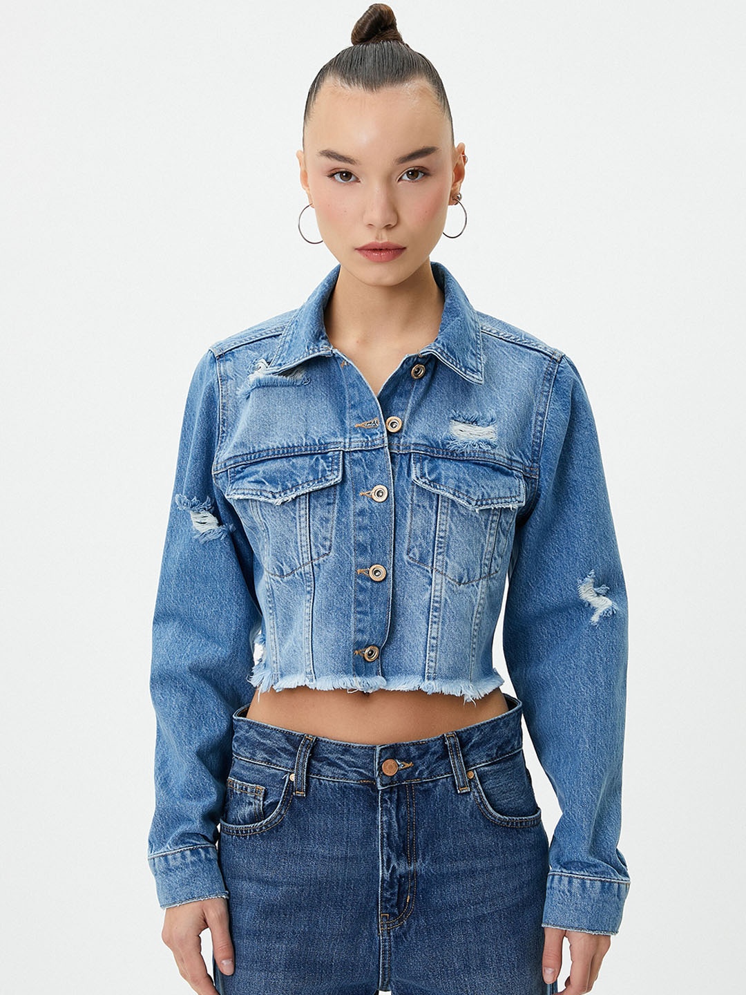 

Koton Washed Pure Cotton Crop Denim Jacket, Grey