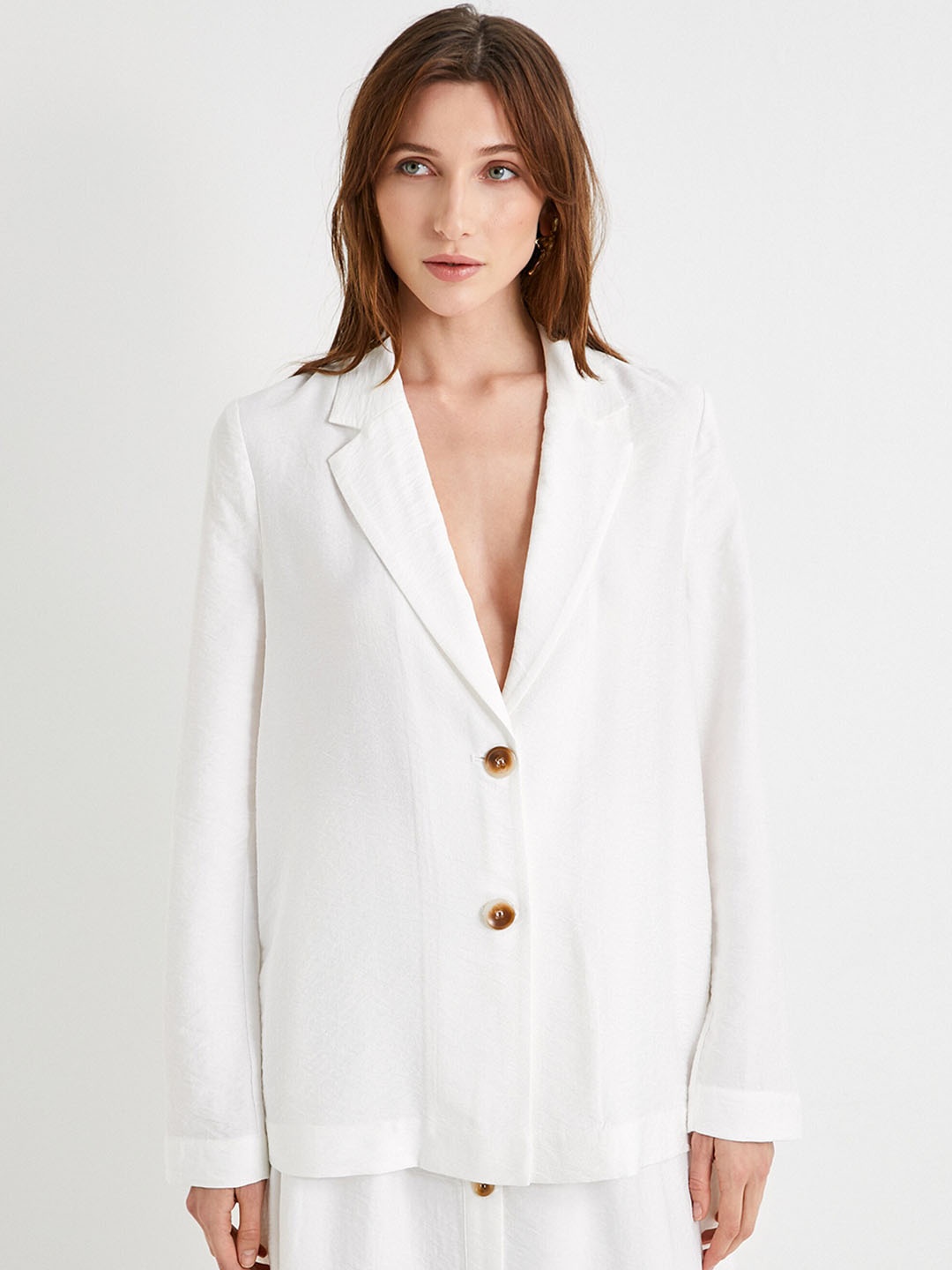 

Koton Notched Lapel Collar Single-Breasted Longline Blazer, Off white