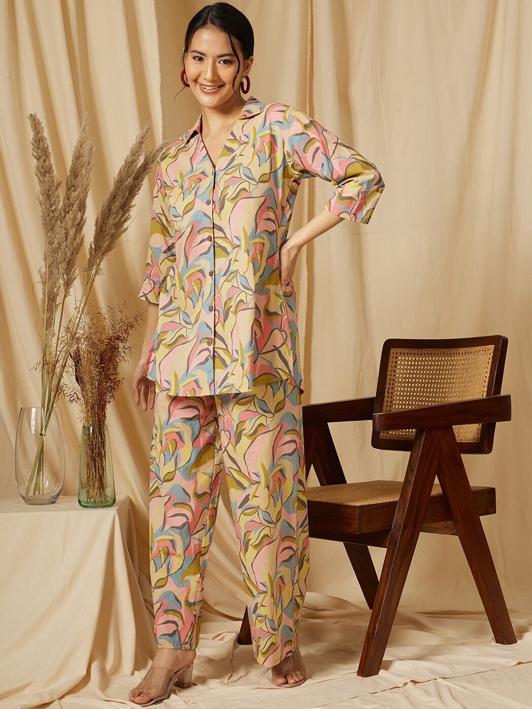 

Ginni Arora Label Printed Pure Cotton Shirt & Trouser Co-Ord Set, Pink