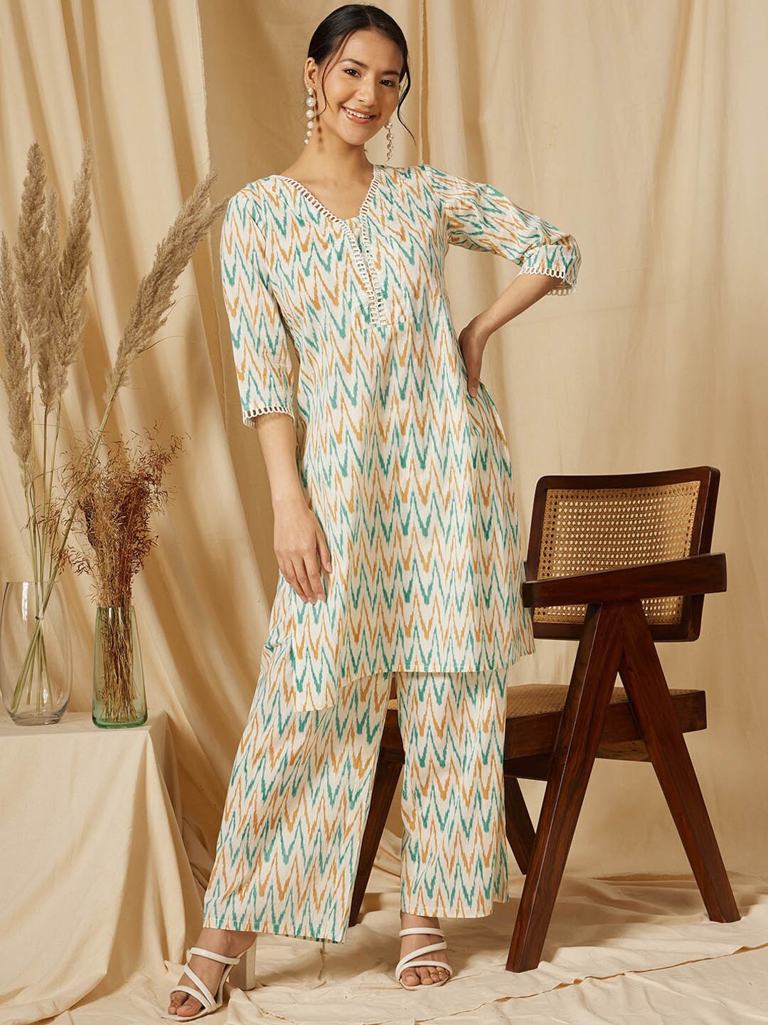 

Ginni Arora Label Printed Pure Cotton Tunic & Palazzos, White