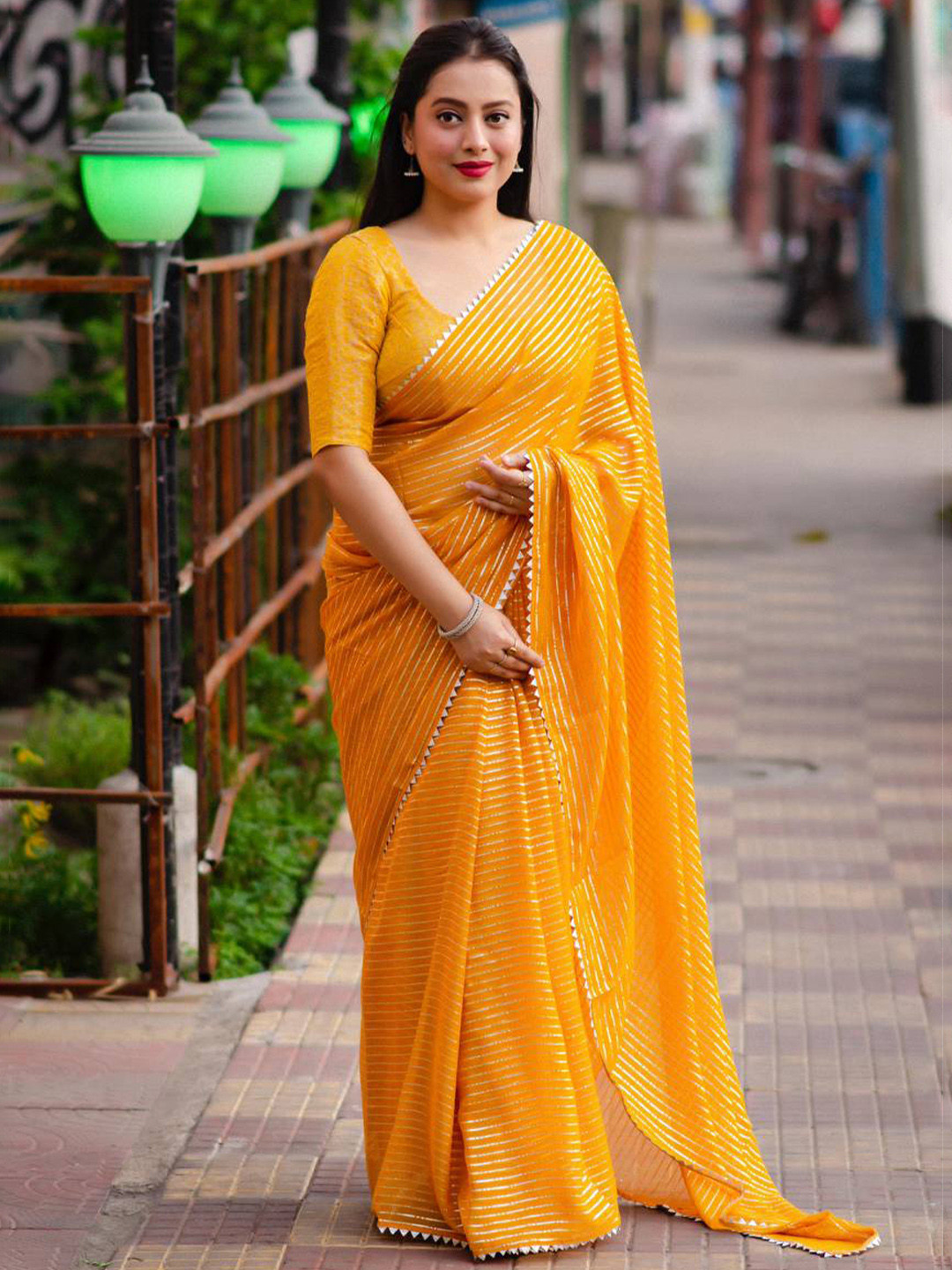 

AWRIYA Striped Gotta Patti Saree, Mustard