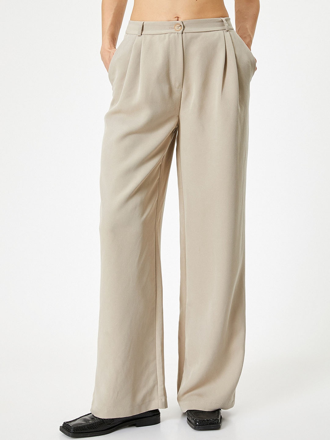 

Koton Women Straight Fit Pleated Parallel Trousers, Beige