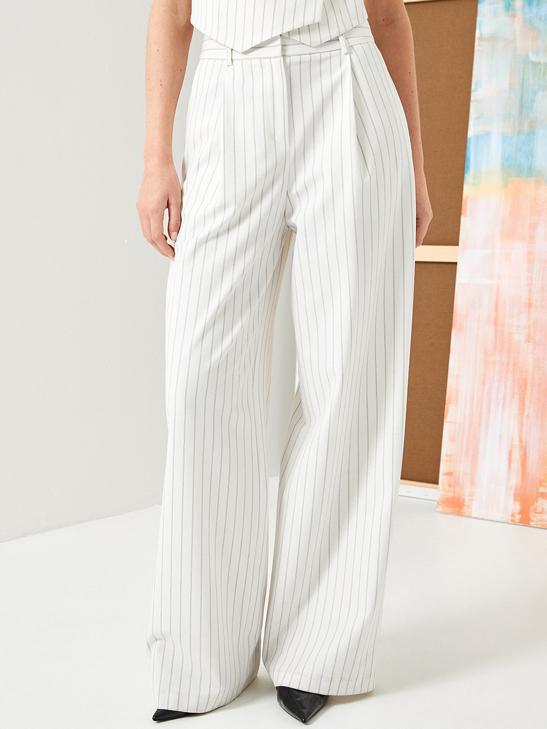 

Koton Women Striped Straight Fit High-Rise Pleated Parallel Trousers, White