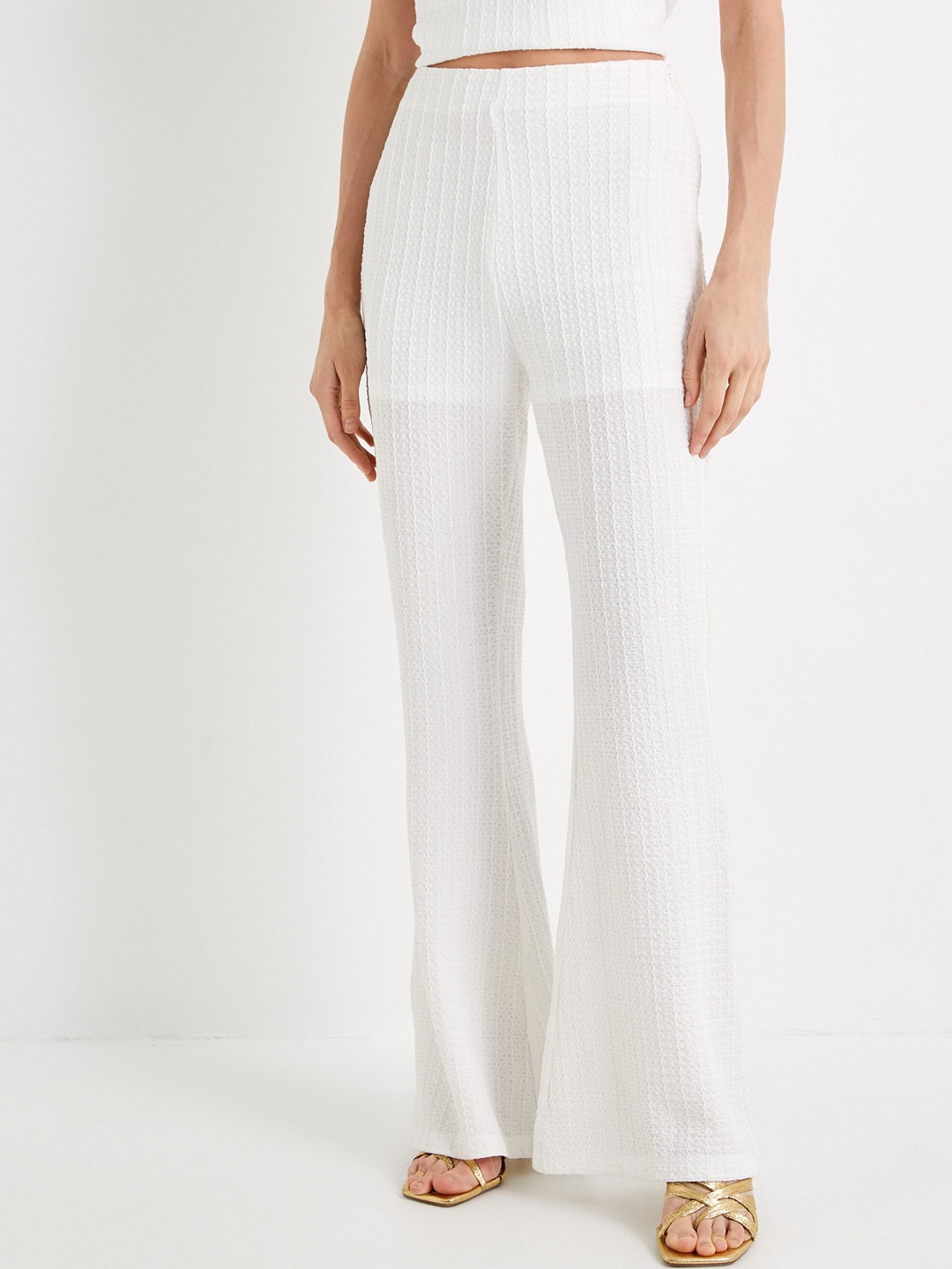 

Koton Women Self Design Textured Flared High-Rise Bootcut Trousers, White