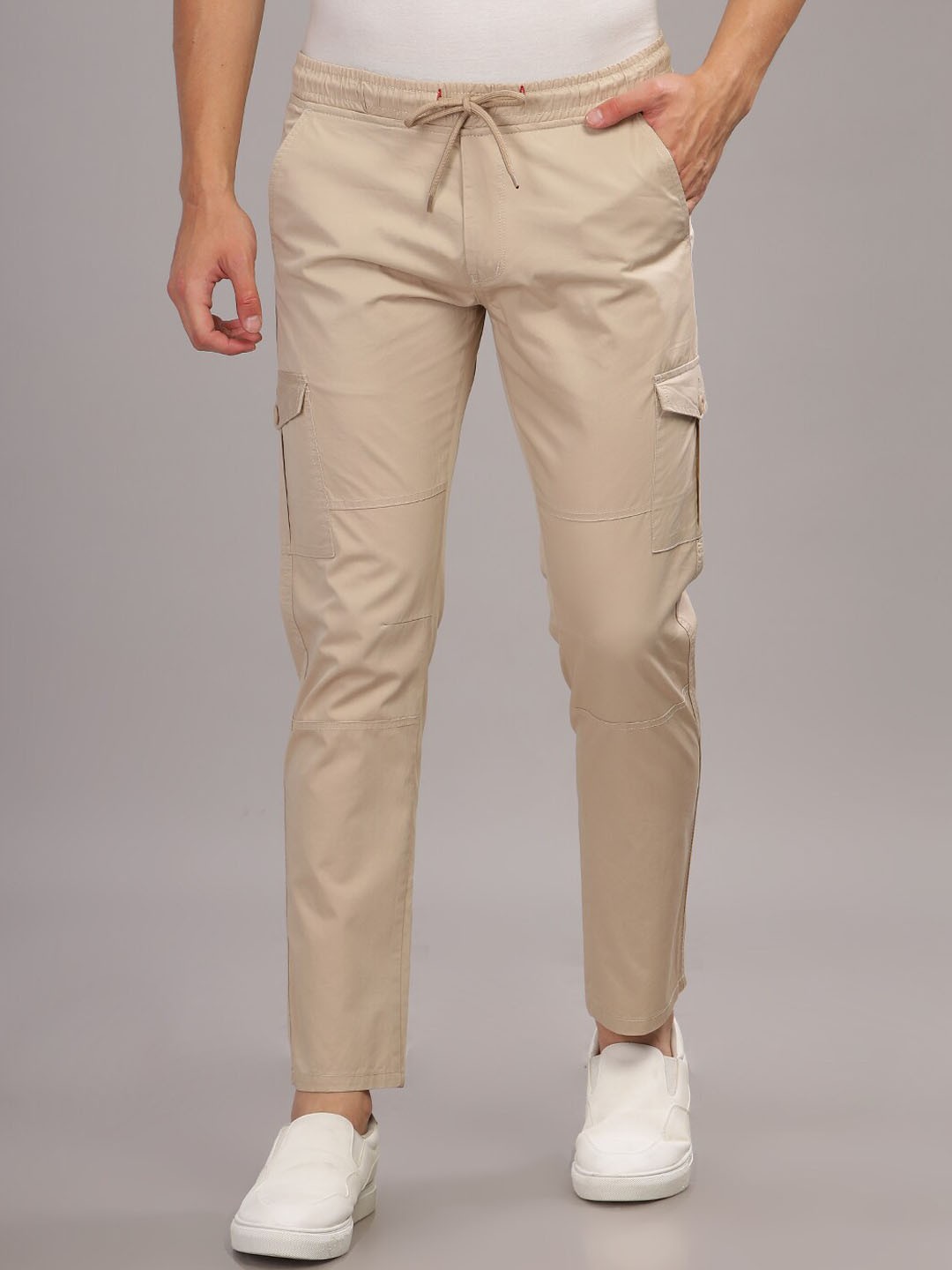 

PAUL STREET Men Smart Slim Fit Cotton Cargos, Beige