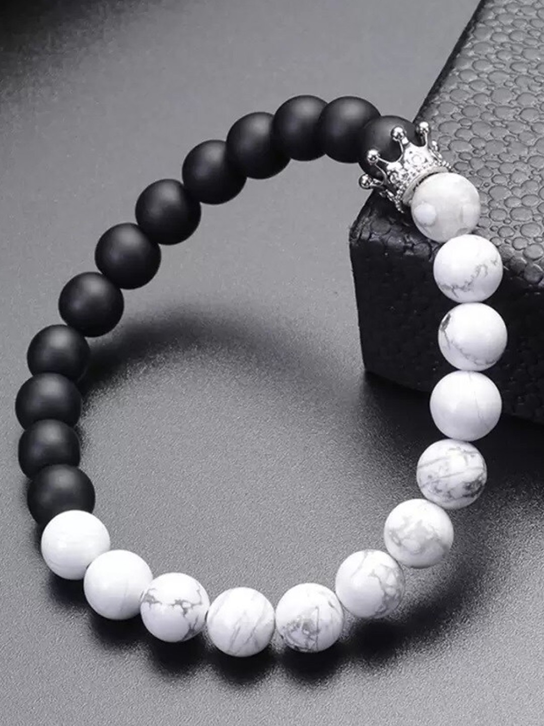 

MEENAZ Men Silver-Plated Stainless Steel Beaded Elasticated Bracelet, Black