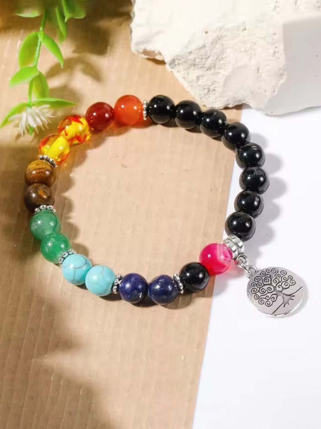 

MEENAZ Silver-Plated Stainless Steel Oxidised Beaded Bracelet, Black