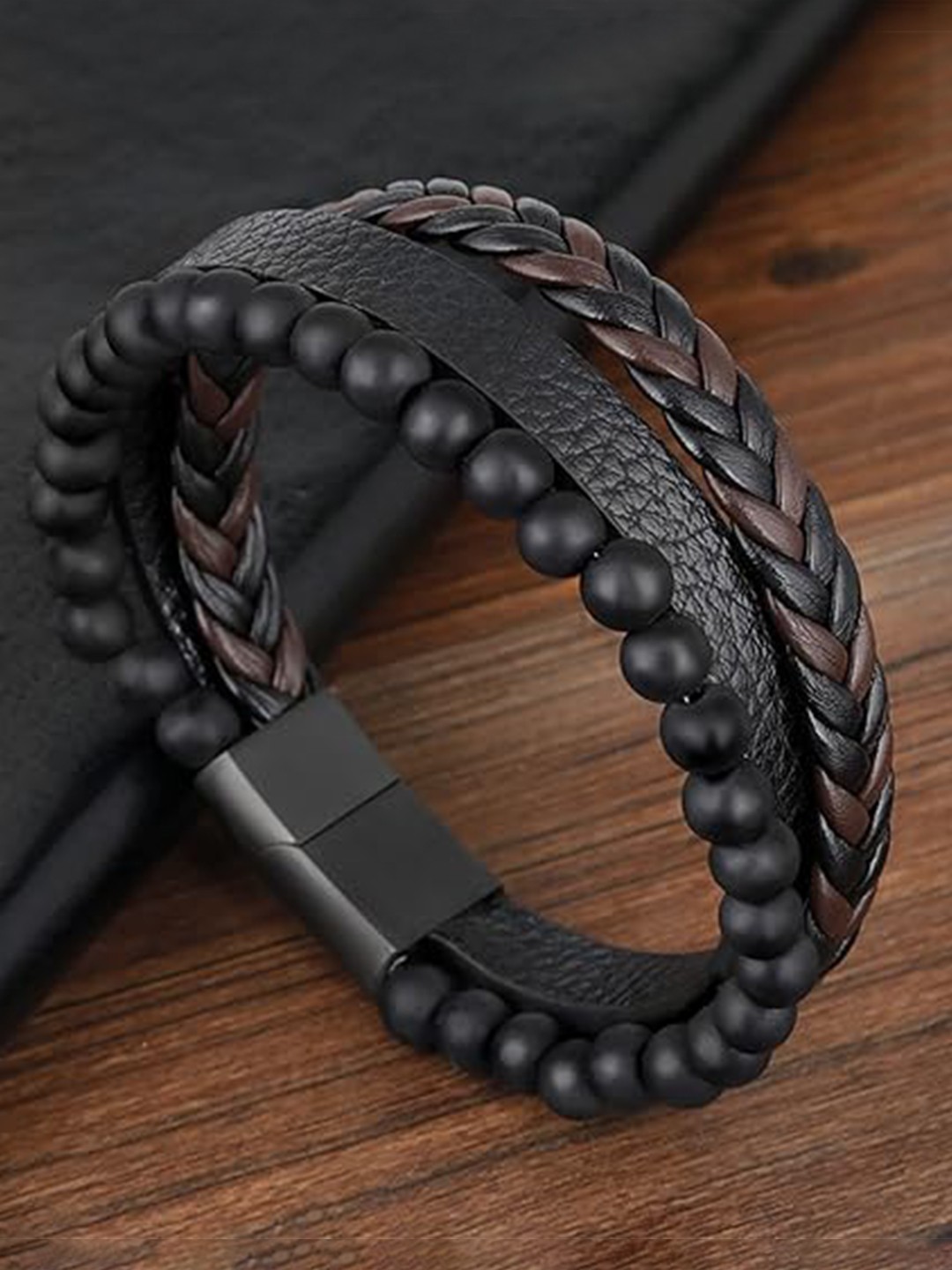 

MEENAZ Men Oxidised Silver-Plated Leather Bangle-Style Bracelet, Black