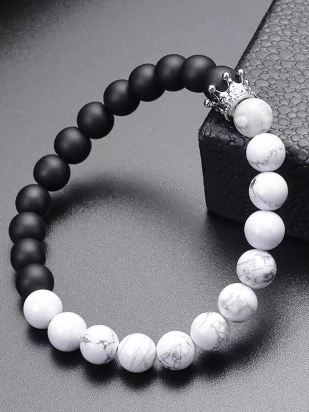 

MEENAZ Men Silver-Plated Stainless Steel Beaded Elasticated Bracelet, Black