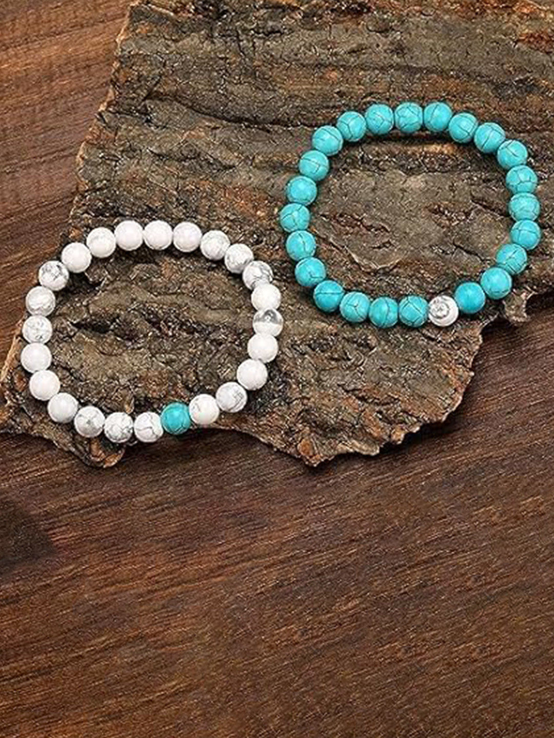 

MEENAZ Unisex Set of 2 Silver-Plated Stainless Steel Beaded Elasticated Bracelets, Blue
