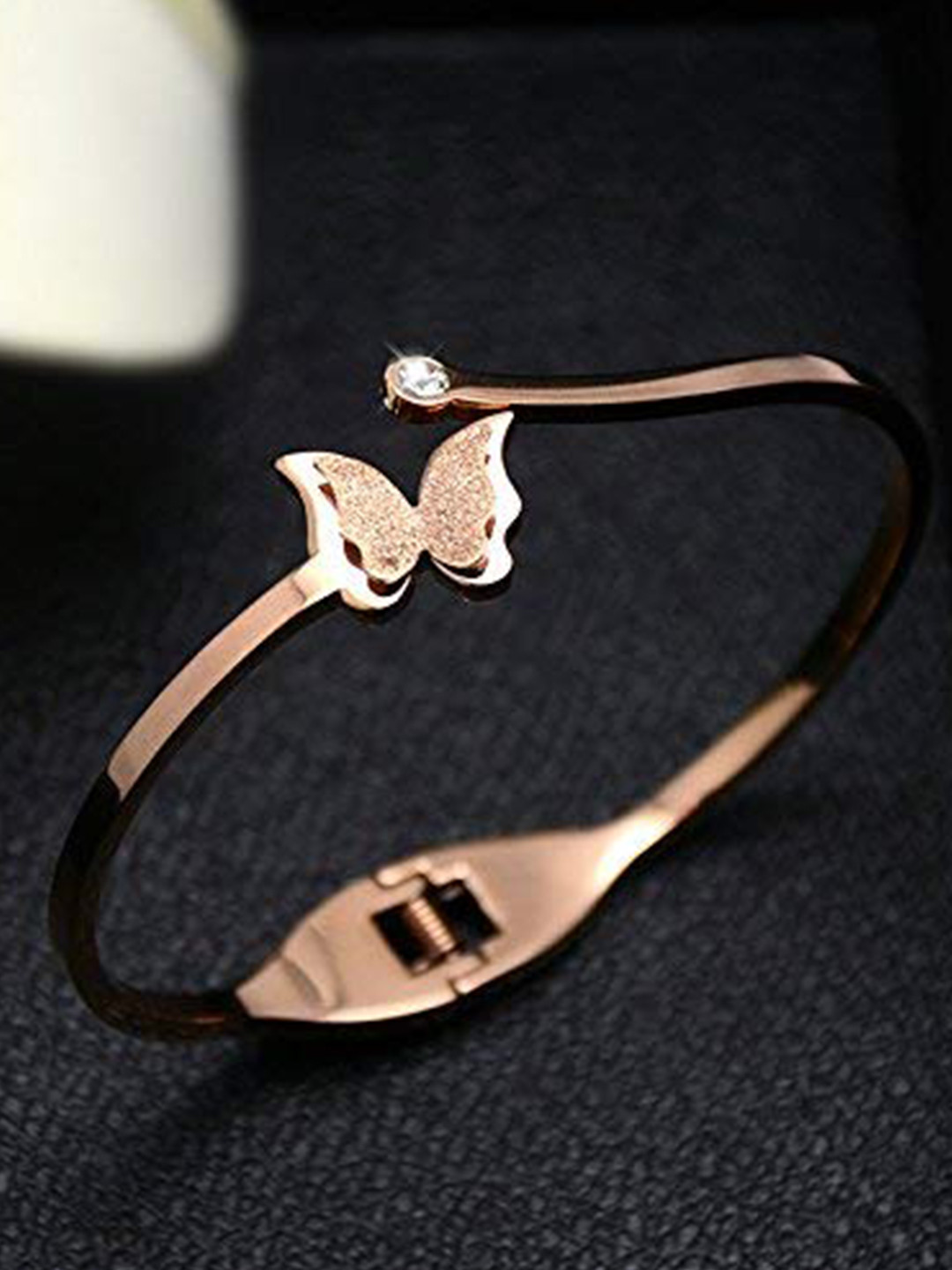 

MEENAZ Women Stainless Steel American Diamond Antique Rose Gold-Plated Cuff Bracelet