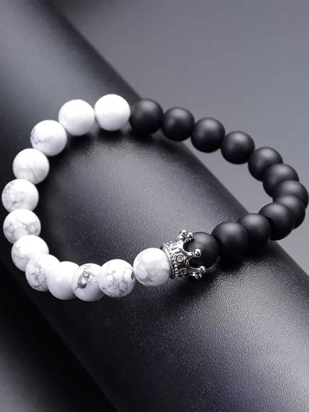 

MEENAZ Men Silver-Plated Stainless Steel Beaded Elasticated Bracelet, Black