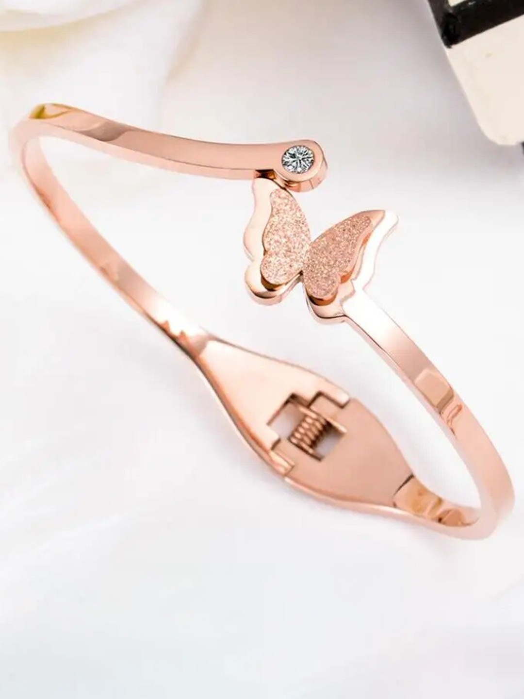 

MEENAZ Rose Gold-Plated Stainless Steel American Diamond Cuff Bracelet