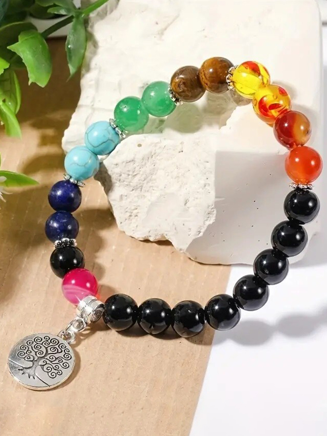 

MEENAZ Silver-Plated Stainless Steel Oxidised Beaded Bracelet, Black