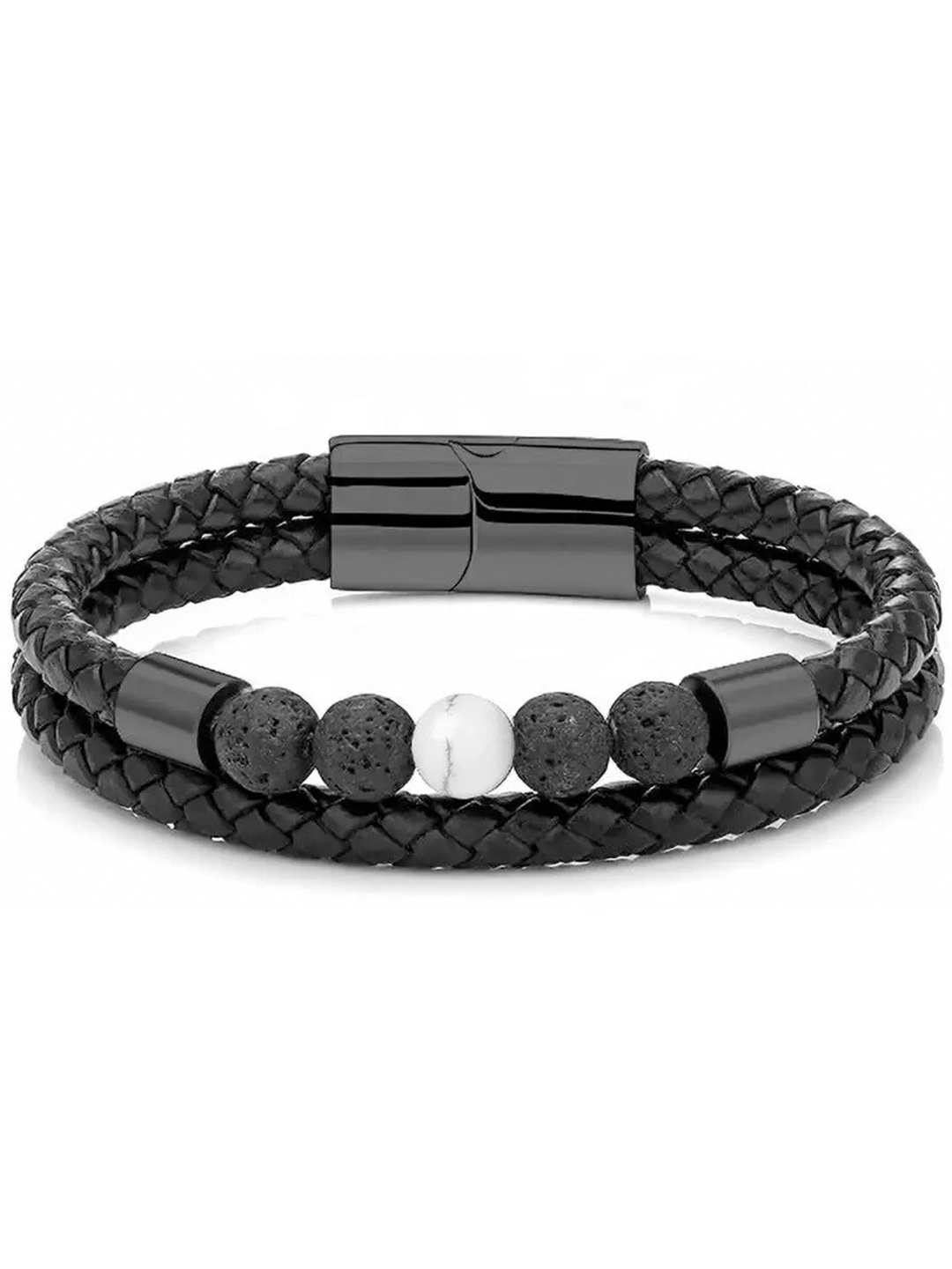 

MEENAZ Men Silver-Plated Beaded Wraparound Bracelet, Black