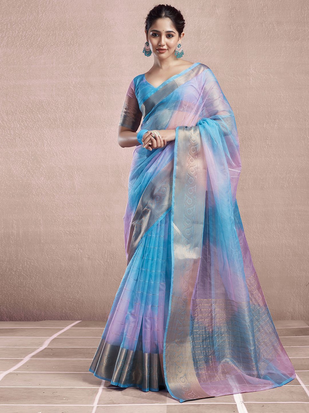 

KALINI Ombre Printed Zari Organza Dabu Saree, Blue