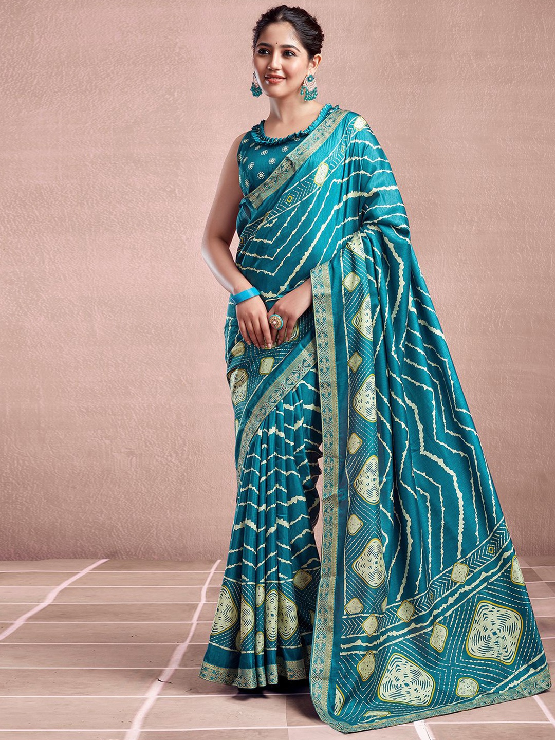 

KALINI Geometric Printed Zari Art Silk Ikat Saree, Teal