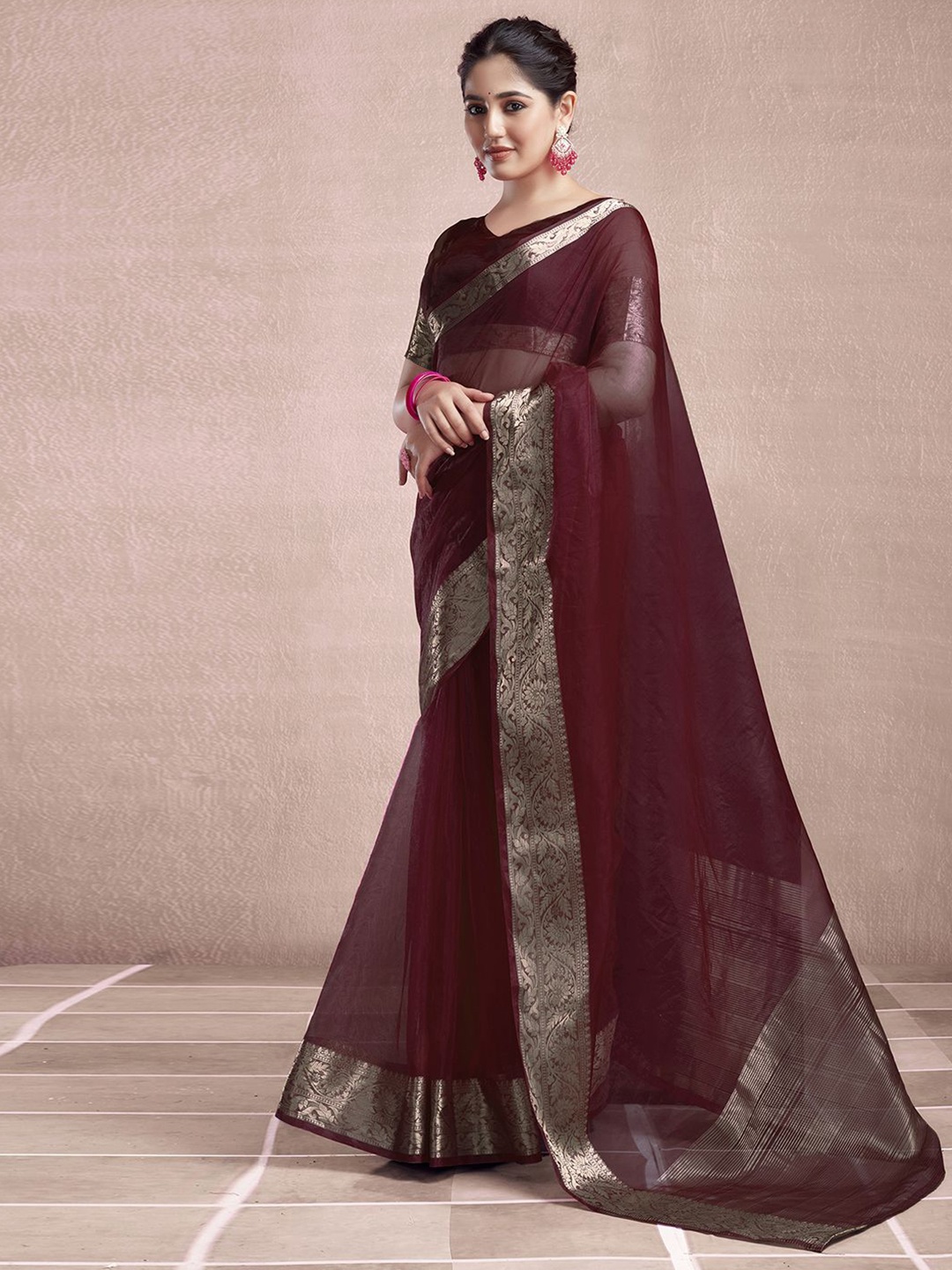 

KALINI Zari Organza Dabu Saree, Maroon