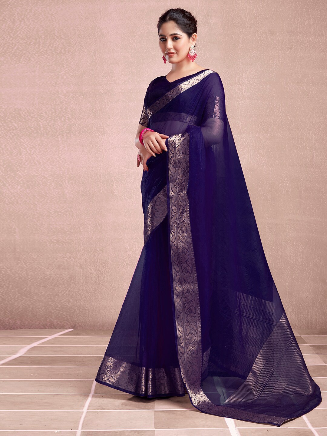 

KALINI Woven Design Zari Organza Fusion Dabu Saree, Navy blue
