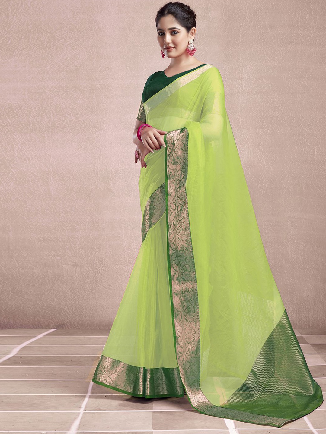 

KALINI Woven Design Zari Organza Saree, Green